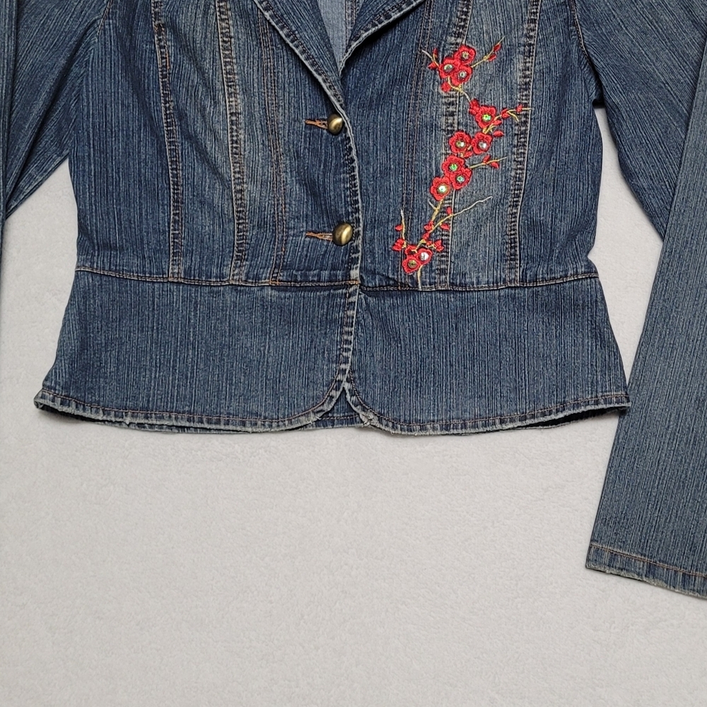 90s Vintage My Michelle Mid-Wash Blue Stretch Denim Red Floral Embroidery Jacket - Picture 4 of 10
